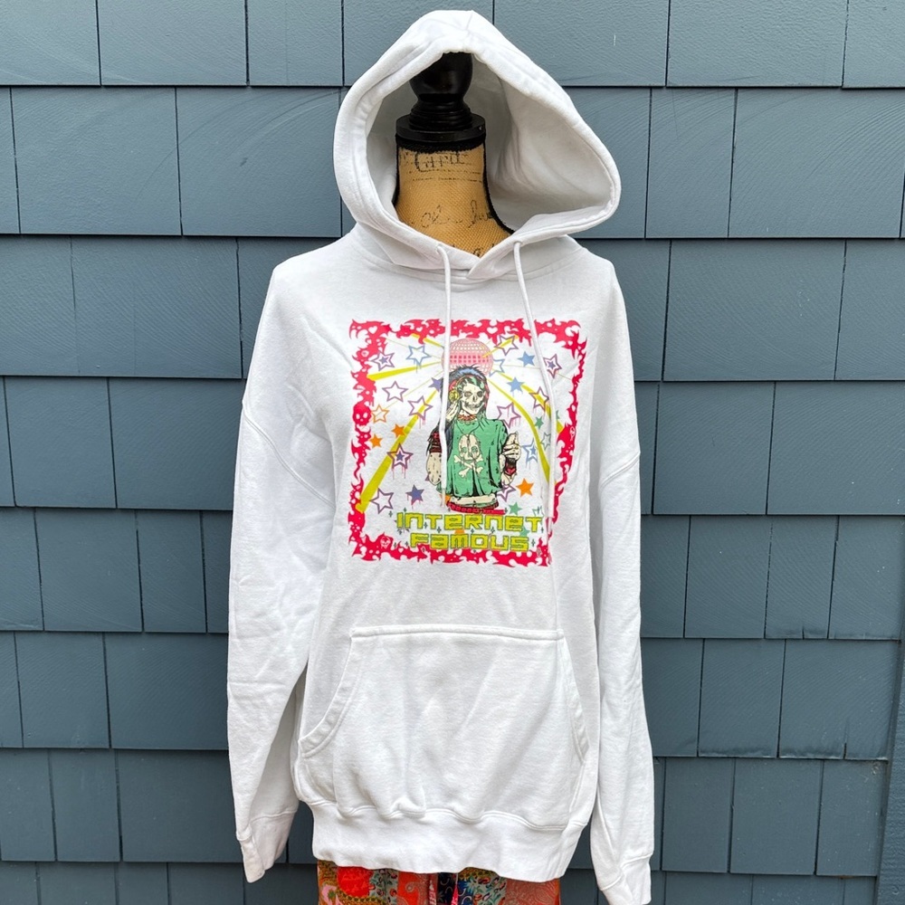 White Graphic Hoodie with Colorful Design barely human XL white sweatshirt
